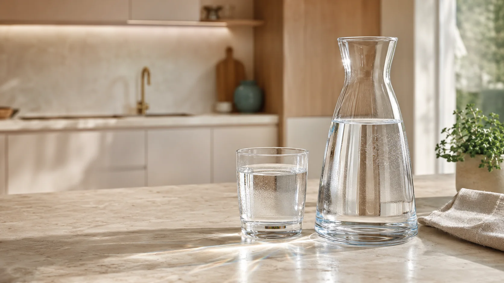 Jarra y vaso de agua en un entorno doméstico