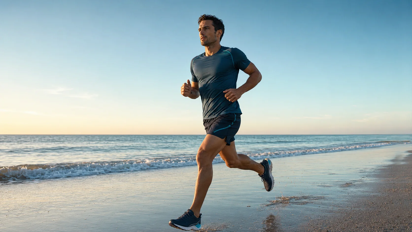 Deportista corriendo junto al agua como ejemplo de rendimiento e hidratación