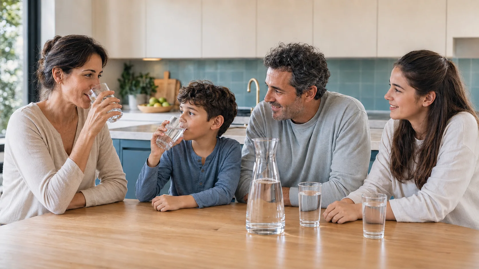 Familia compartiendo agua en casa