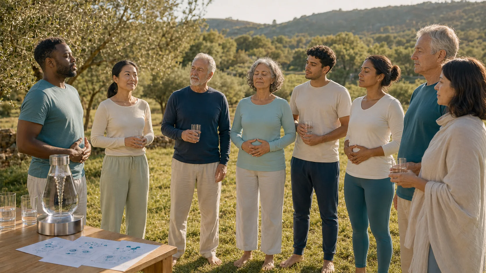 Grupo diverso participando en una experiencia de hidratación consciente